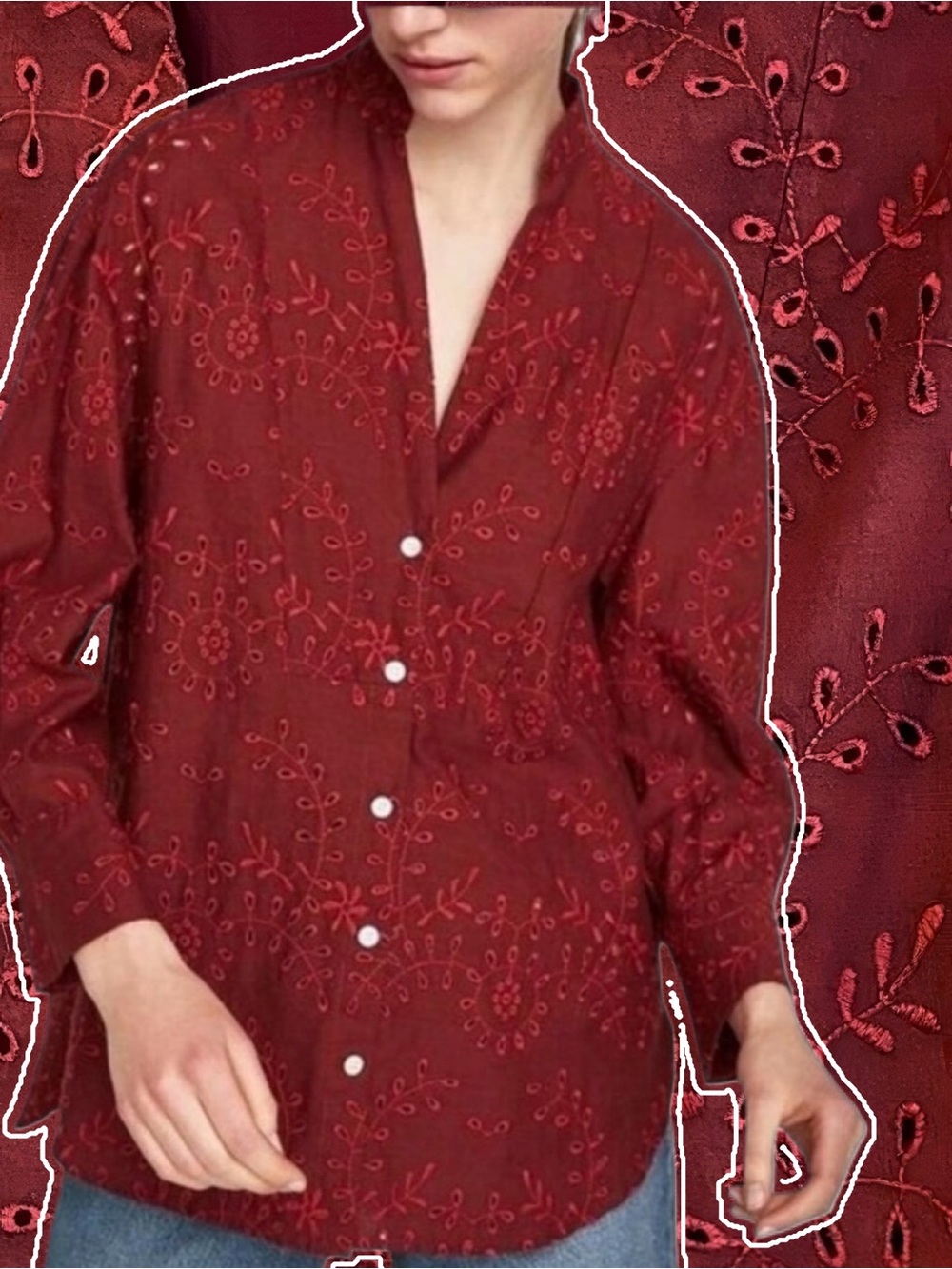 ZARA Burgundy Red Embroidered Eyelet Relaxed V-Neck Button Up Shirt size L